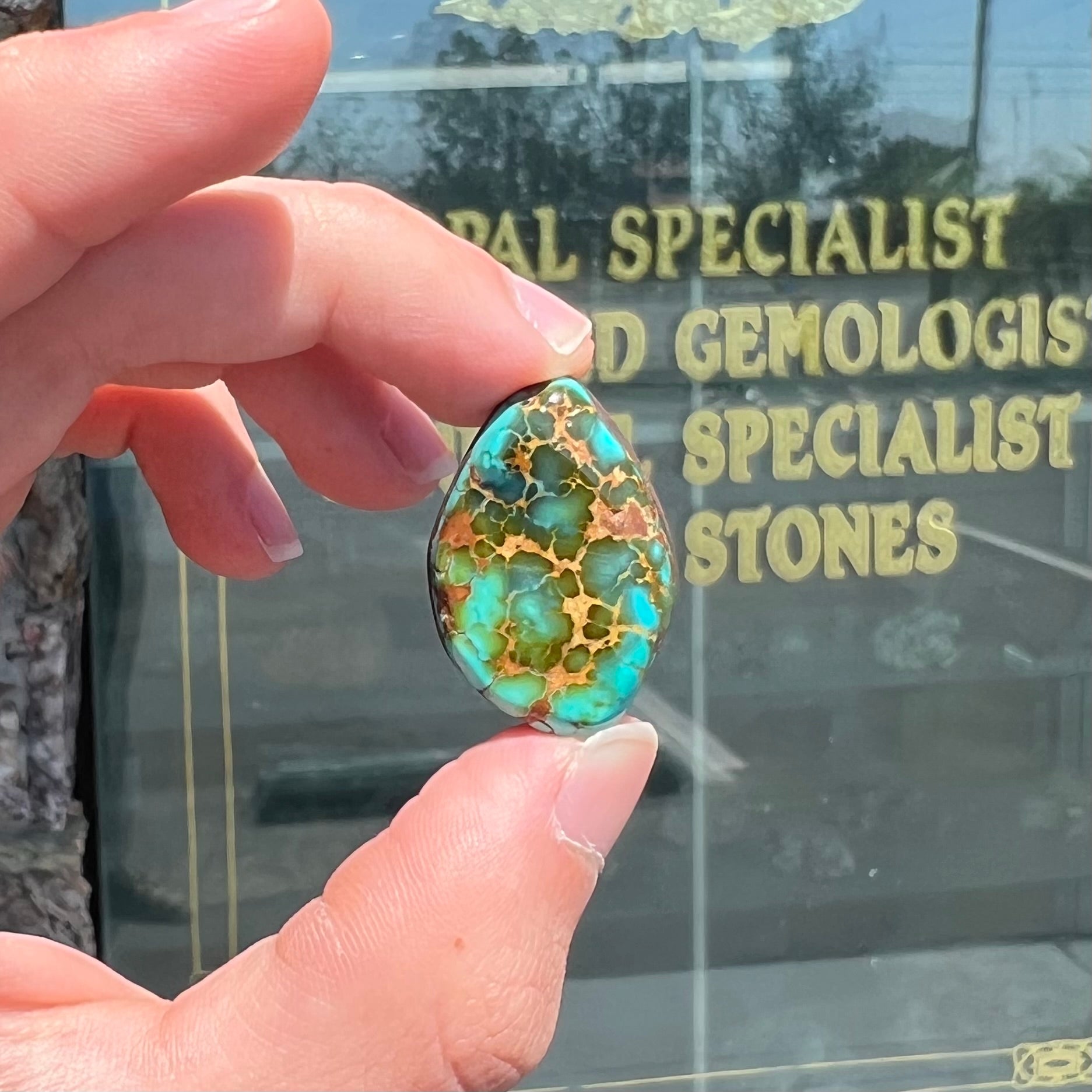 A polished golden spiderweb turquoise cabochon from Manassa, Colorado.