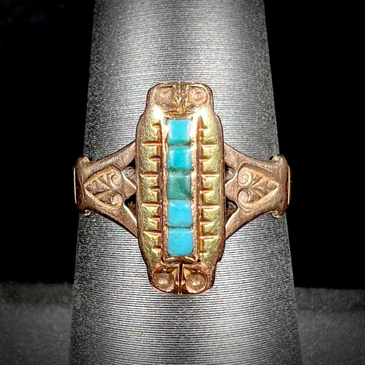 Antique yellow gold ring set with five square turquoise stones, circa 1920's.