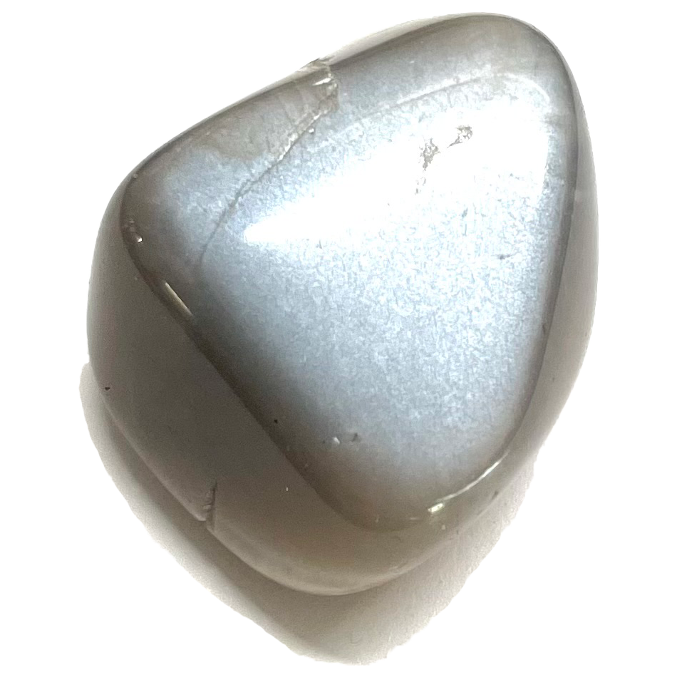 A tumble polished gray moonstone.  The material is gray with an adularescent, reflective surface.
