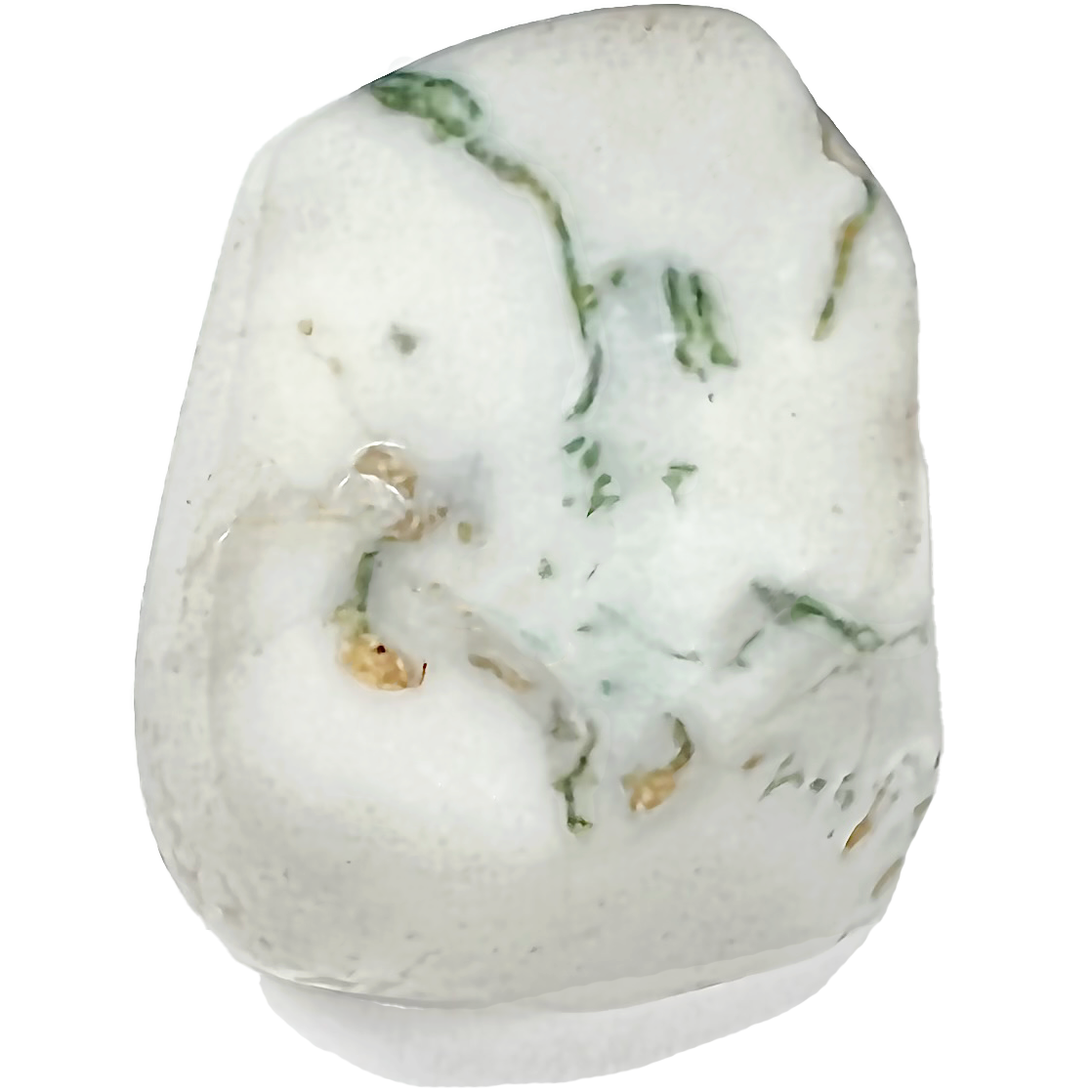 A tumbled green tree agate stone.  The stone is white with green streaked veins.