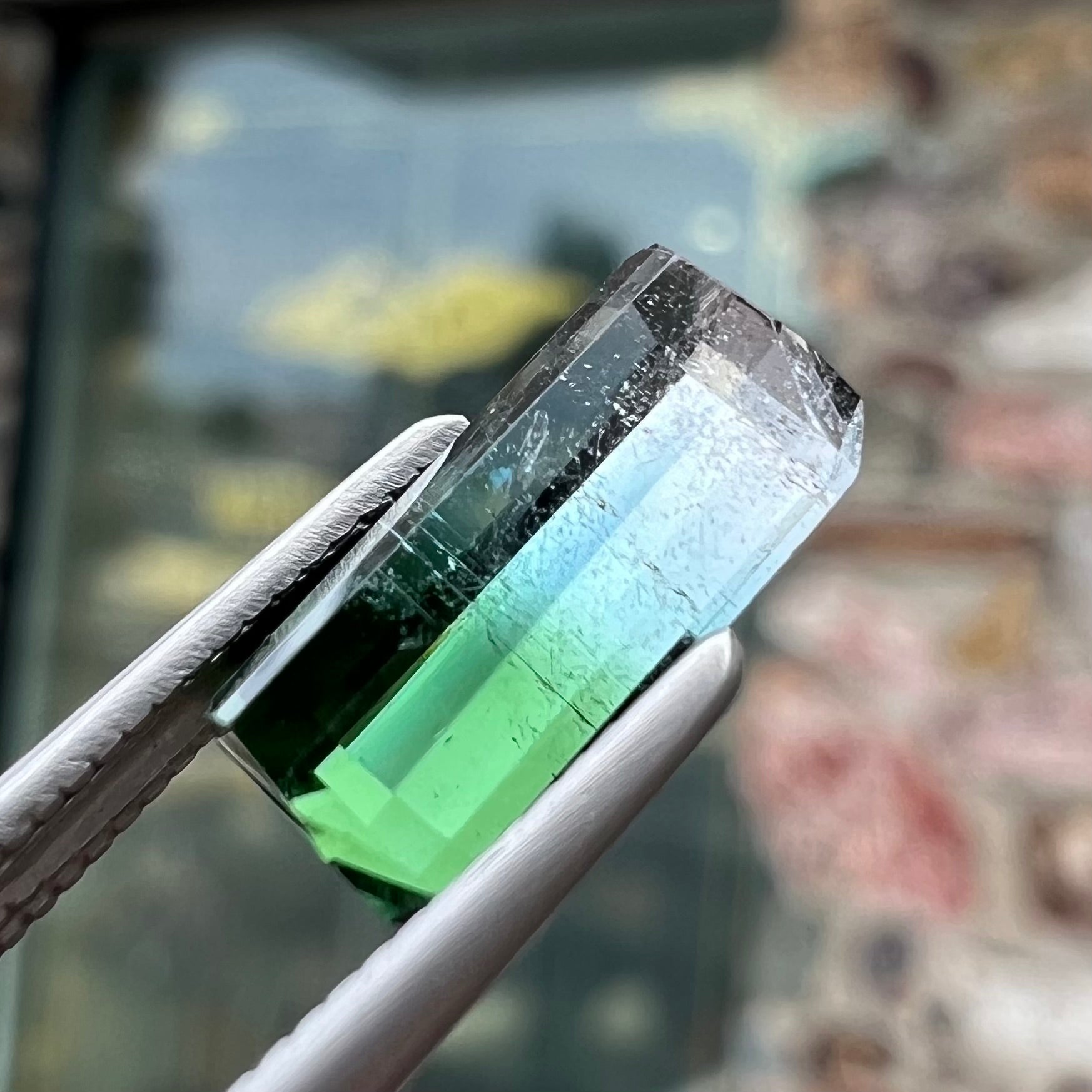 A loose, emerald cut tricolor tourmaline gemstone.  The stone transitions from green to blue to white colors.