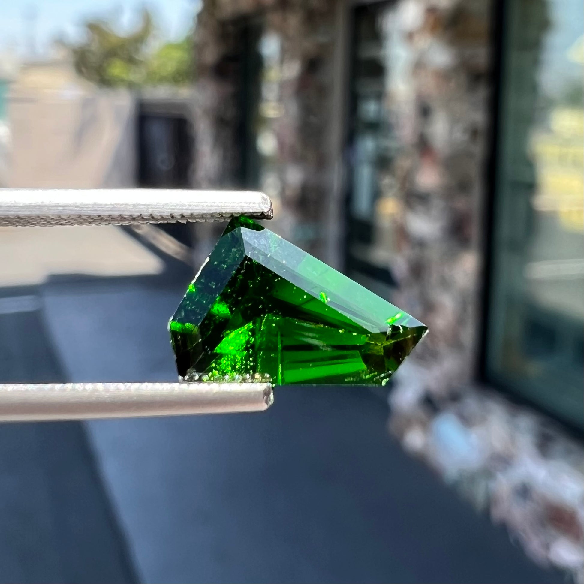 A freeform shield cut chrome diopside gemstone.