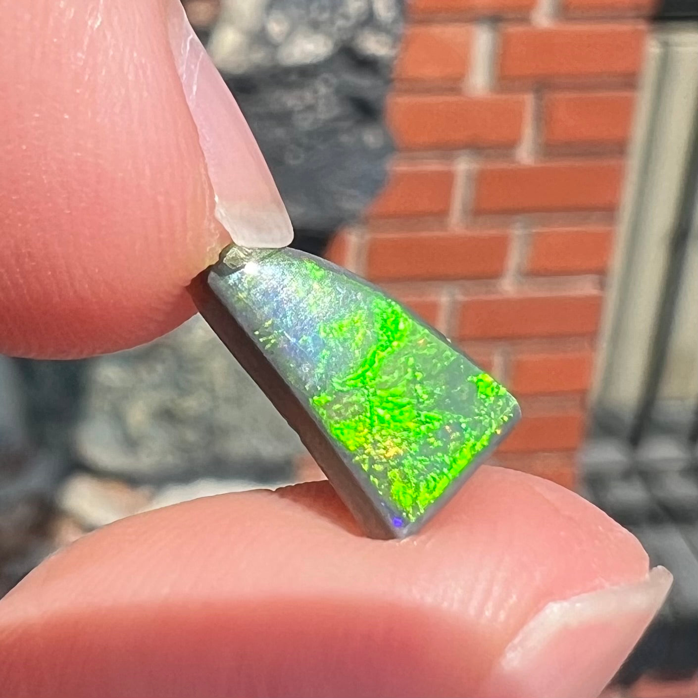 A loose, triangular shaped black opal stone from Lightning Ridge, Australia.  The opal has a bright green flash of color.