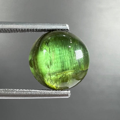 A loose, round cabochon cut green tourmaline stone that displays a cat's eye phenomenon.