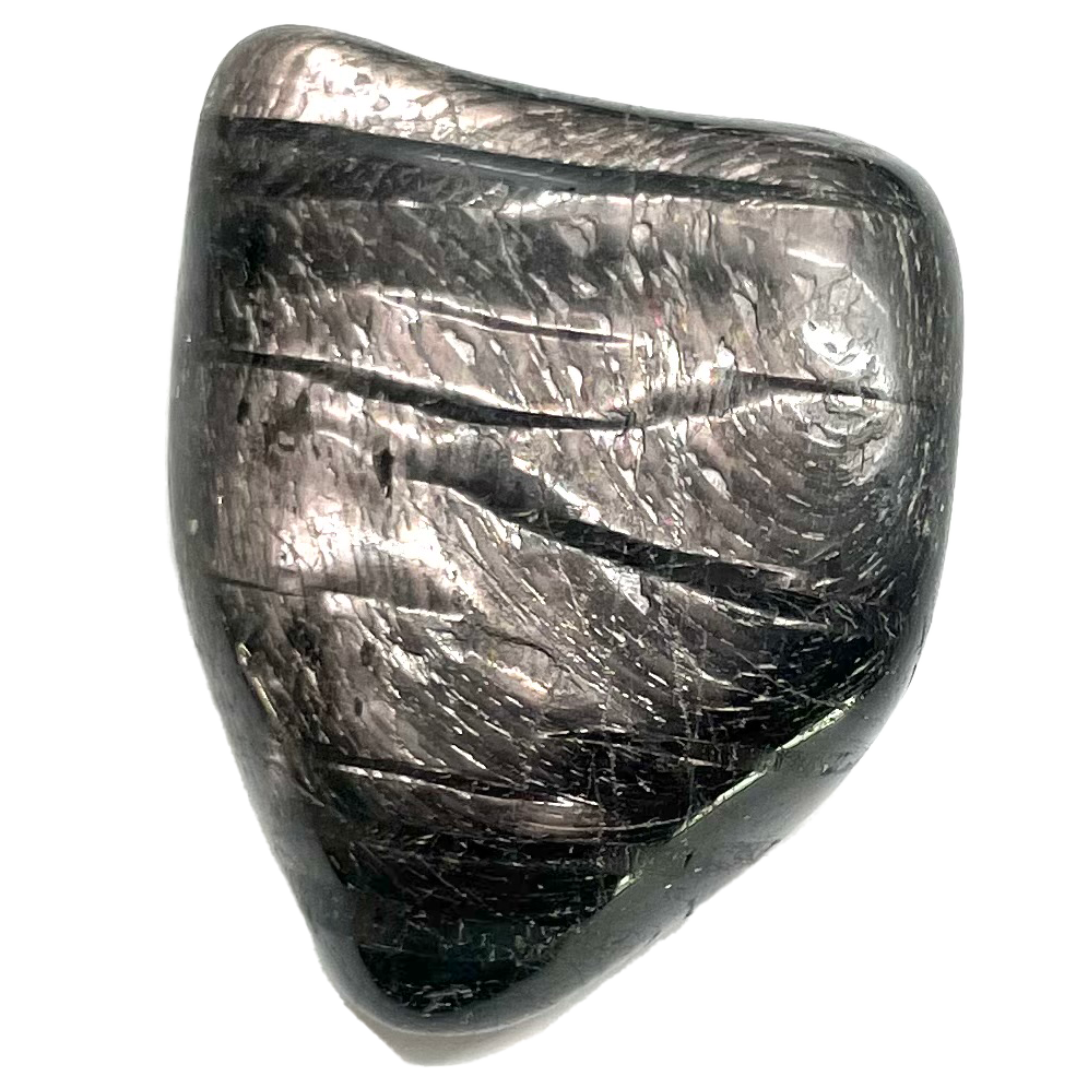 A tumble polished hypersthene stone.  The stone is black with a shiny, metallic luster.