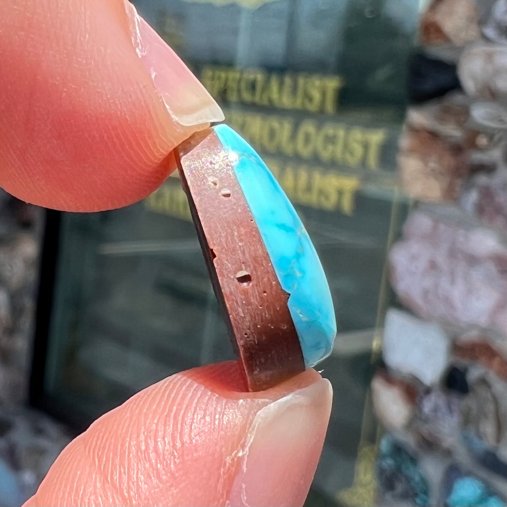A loose, drop shaped, cabochon cut Sleeping Beauty turquoise stone.