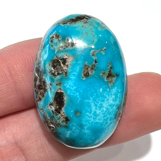 A loose, oval cabochon cut turquoise stone from Kingman, Arizona.