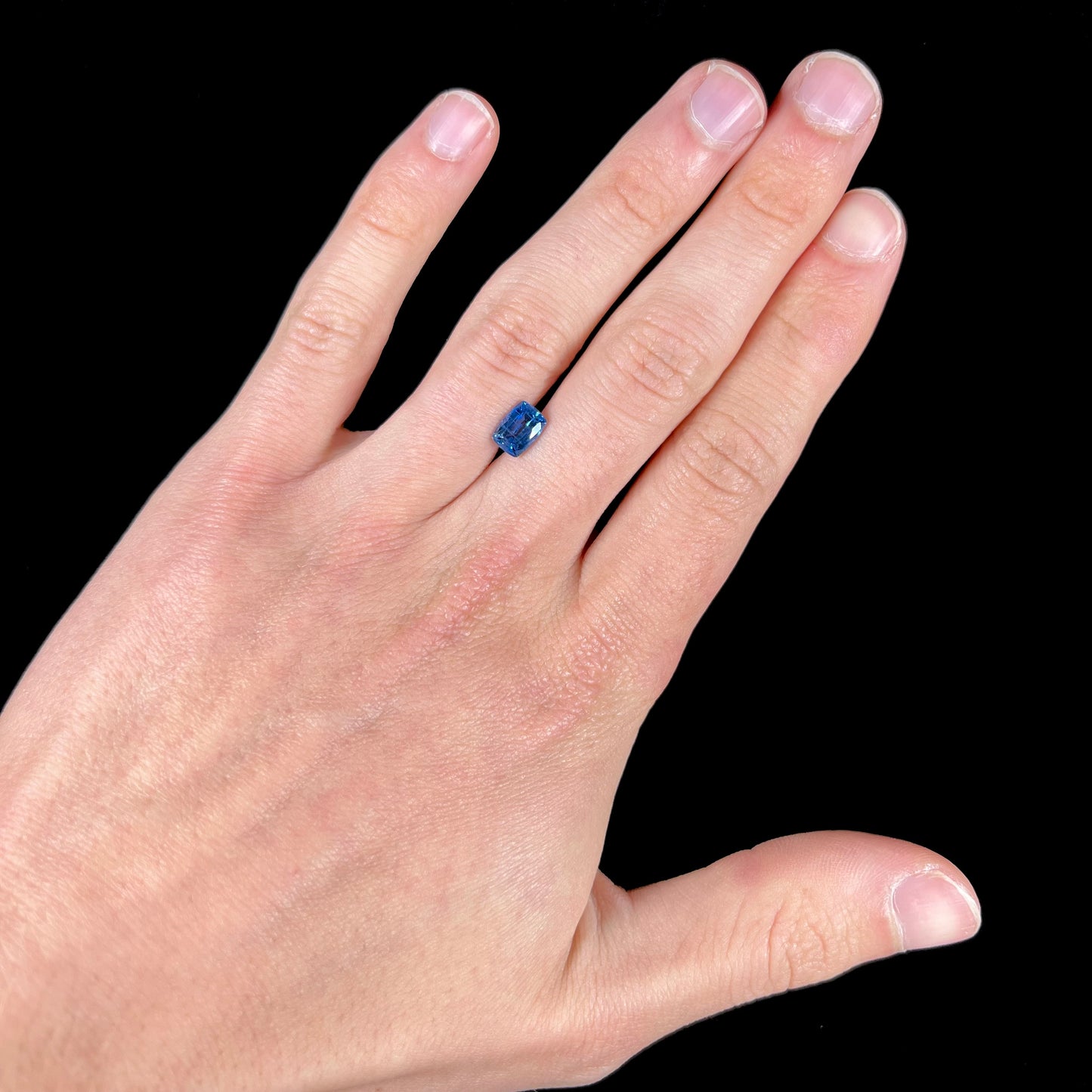 A loose, blue kyanite gemstone.  The stone is a faceted cushion cut.