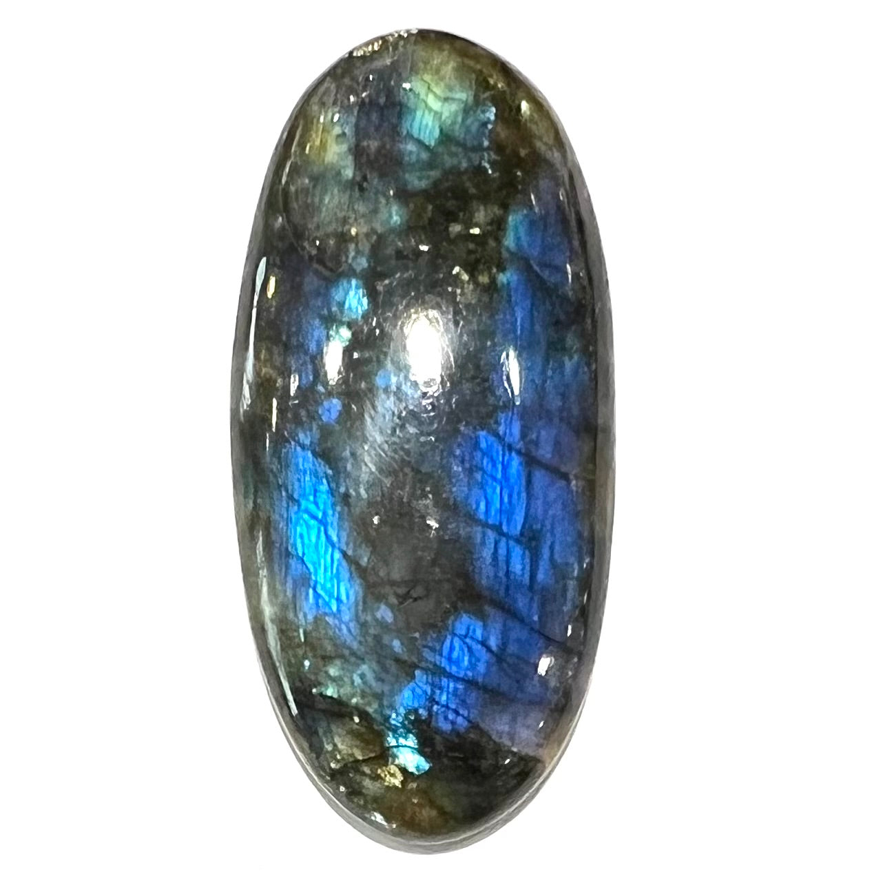 A loose, oval cabochon cut labradorite stone.  The stone is green with bright blue and yellow flashes.