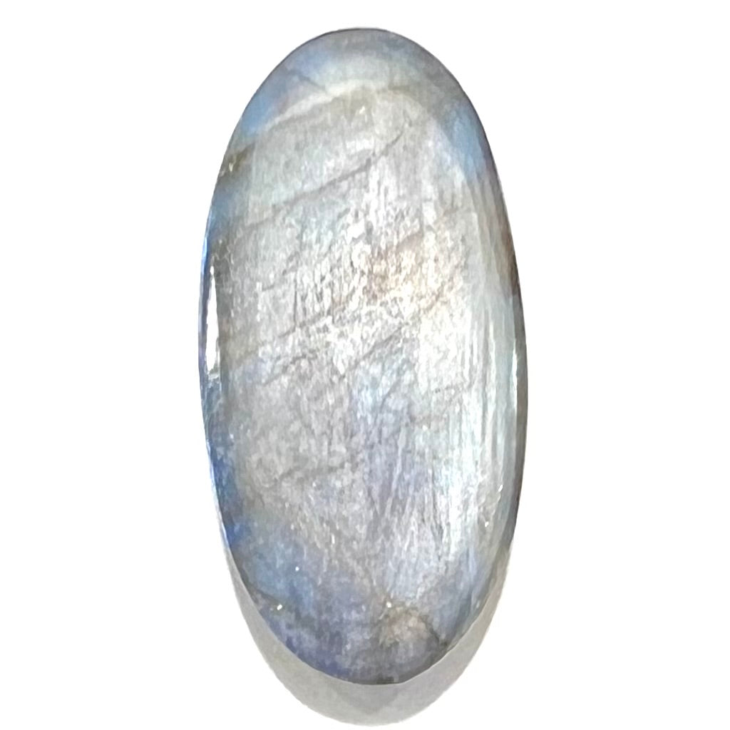 A loose, oval cabochon cut labradorite feldspar stone.  The labradorite has blue labradorescence.