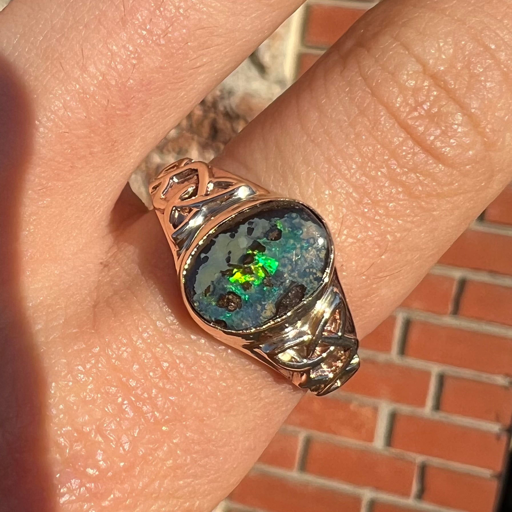Unisex Celtic Style Boulder Opal Ring in 14kt Gold Burton's