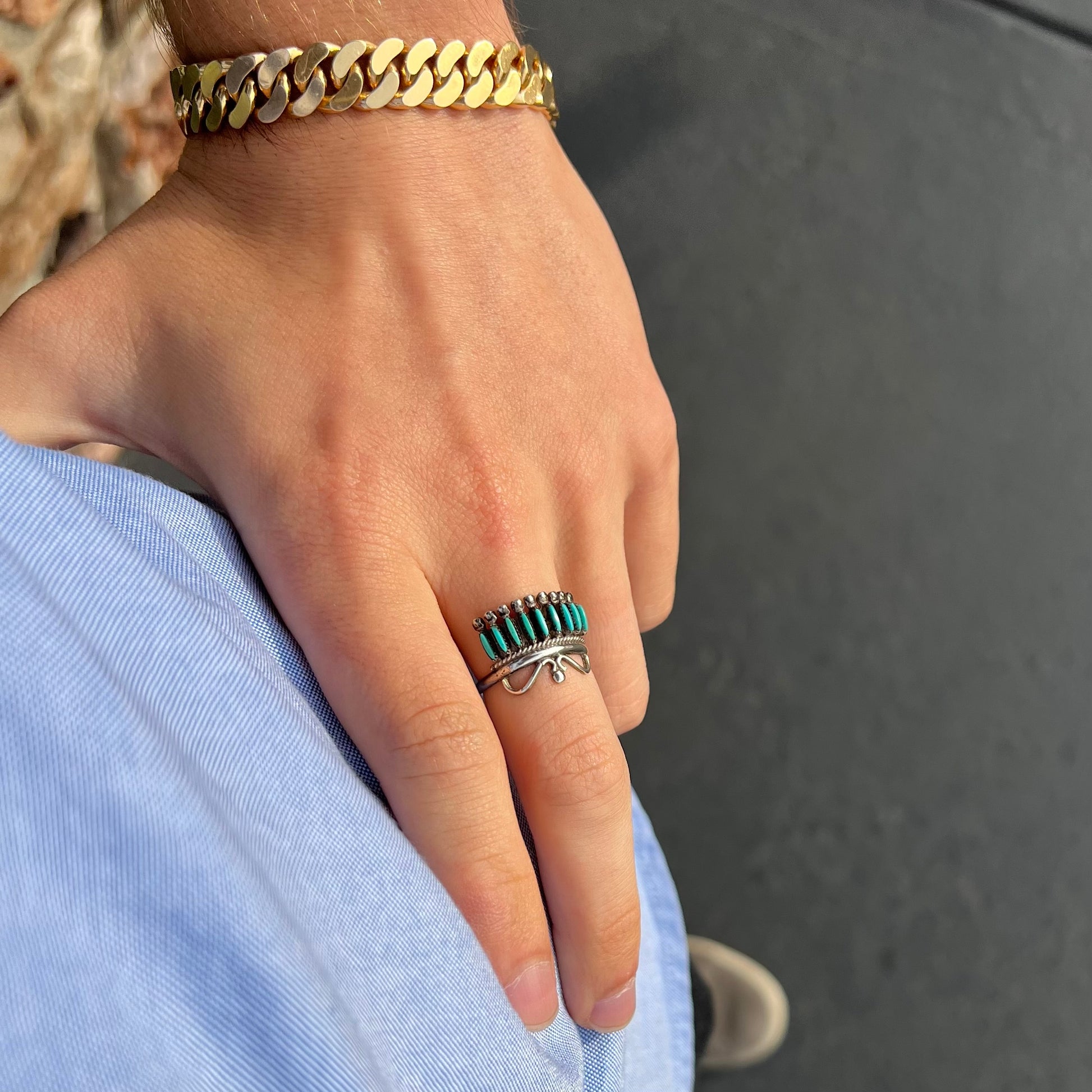 A ladies' Zuni Indian ring set with natural Sleeping Beauty needlepoint turquoise stones.