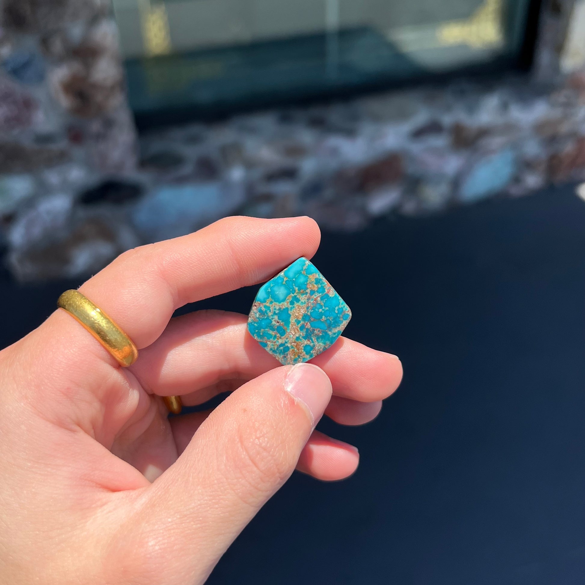 A loose turquoise stone from the Godber-Burnham mine in Lander County, Nevada.