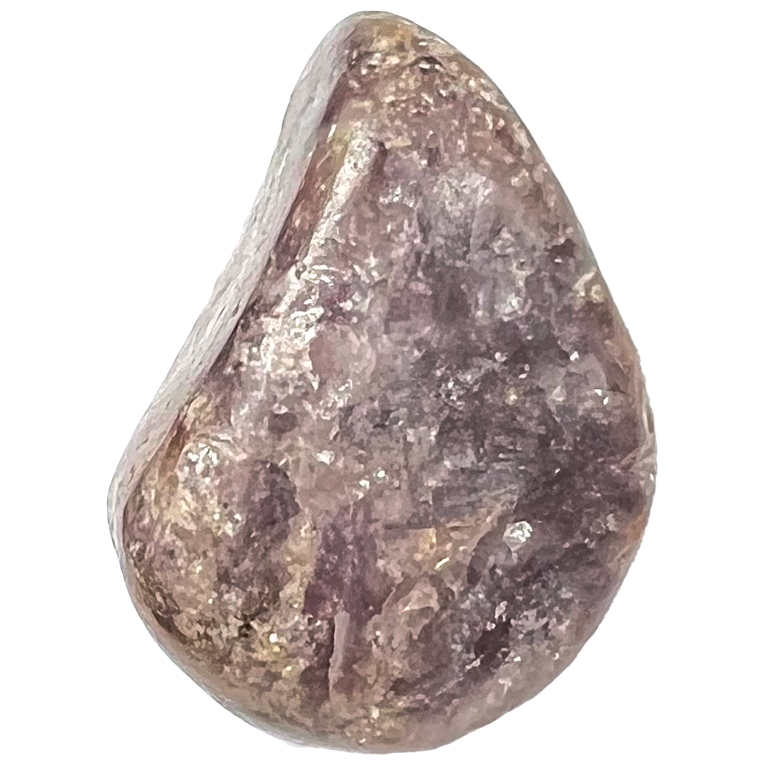 A tumbled lepidolite stone.  The stone is purplish pink with sparkling mica inclusions.