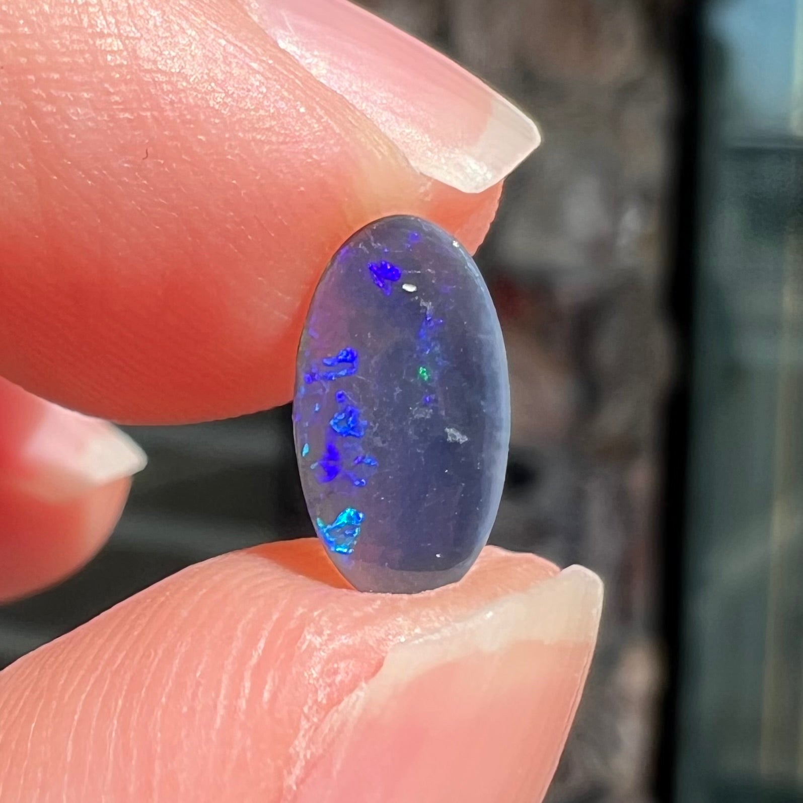A loose, oval cabochon cut black opal stone from Lightning Ridge, Australia.  The opal has blue color play.