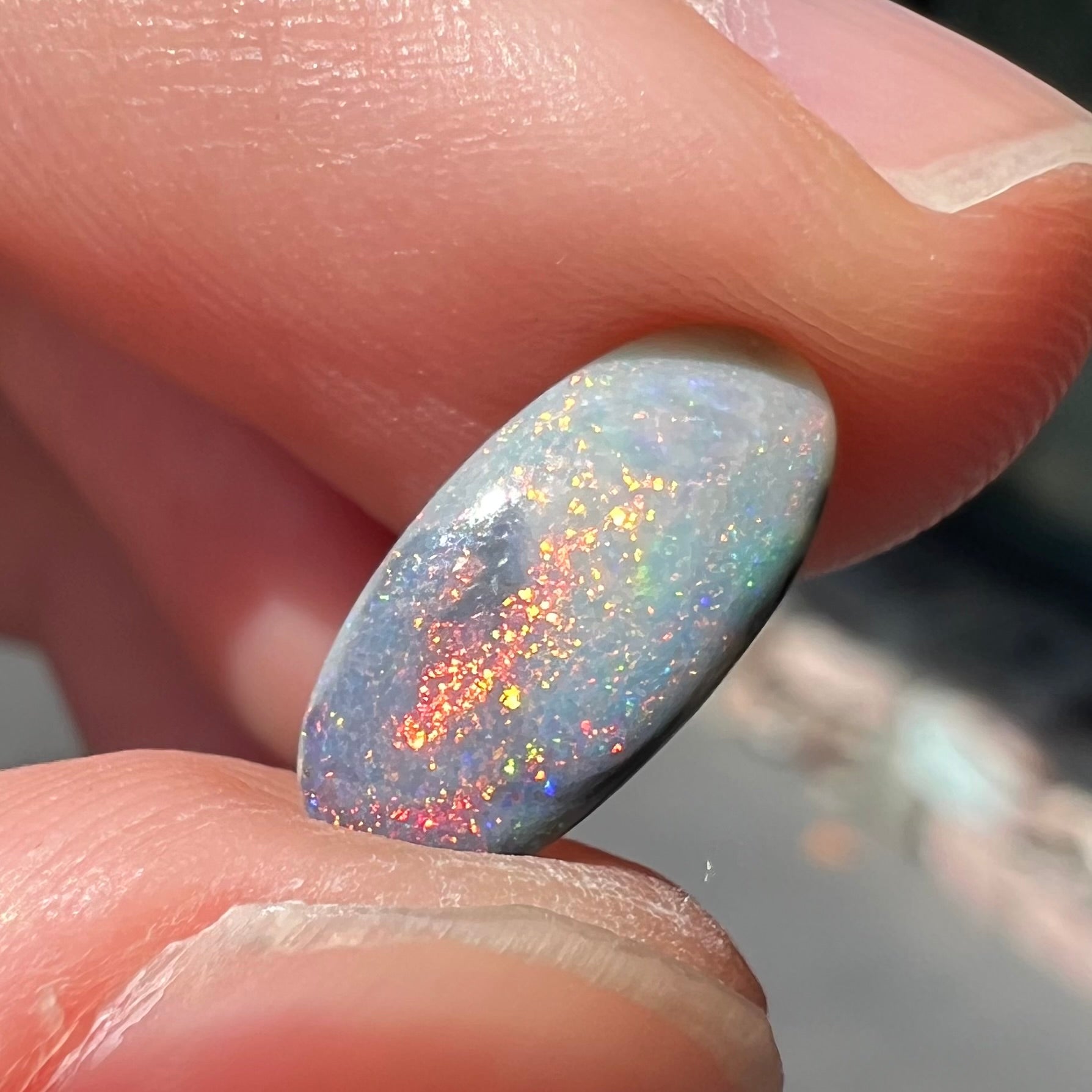 A loose, oval cabochon cut opal gemstone from Lightning Ridge, Australia.  The opal shines red and orange colors.