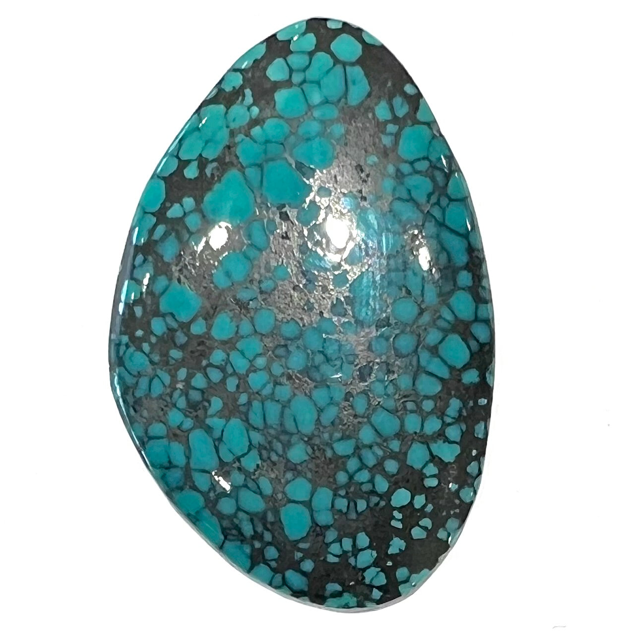 A polished, freeform shaped spiderweb turquoise cabochon from Lone Mountain Mine in Esmeralda County, Nevada.