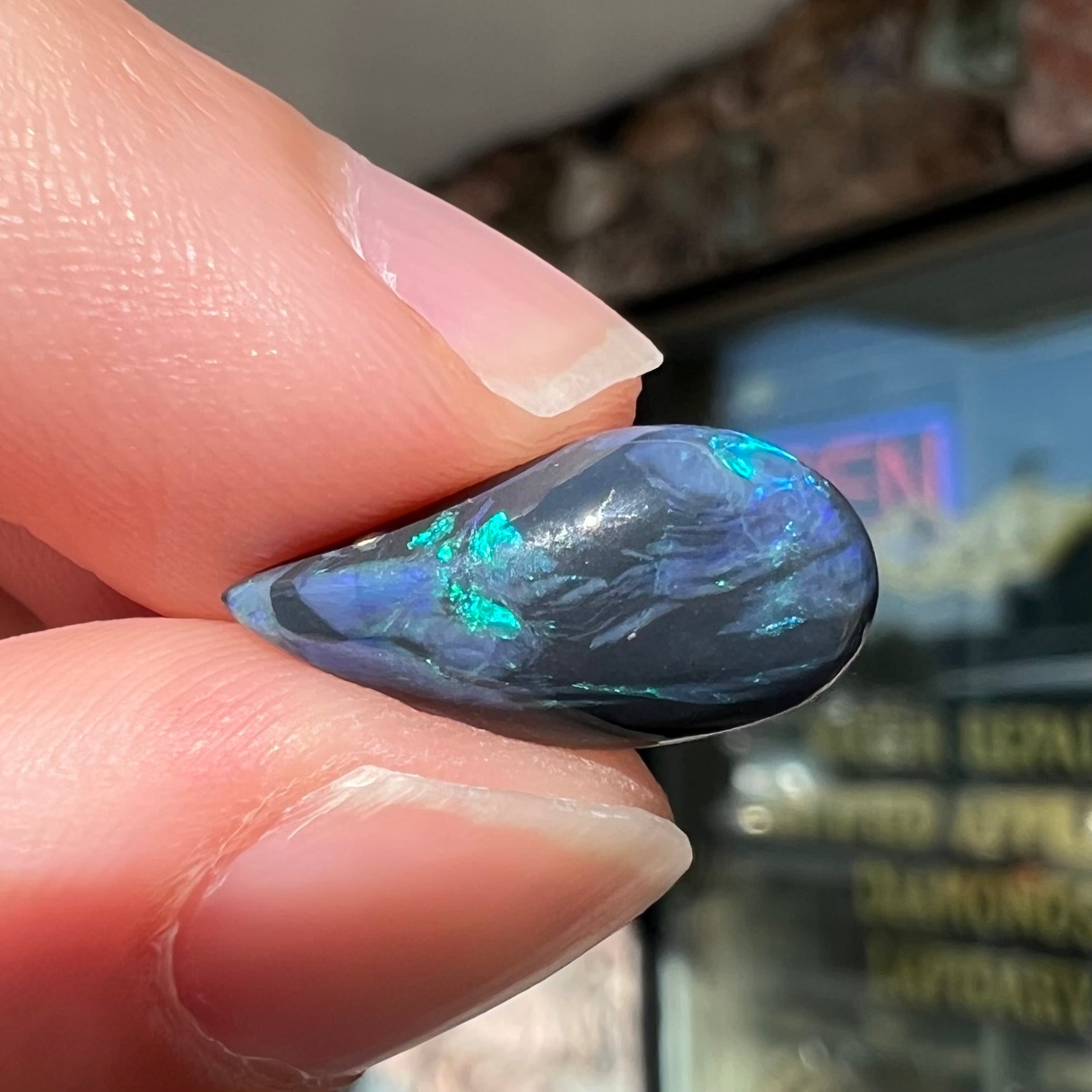 A freeform pear shaped black opal from Lightning Ridge, Australia.
