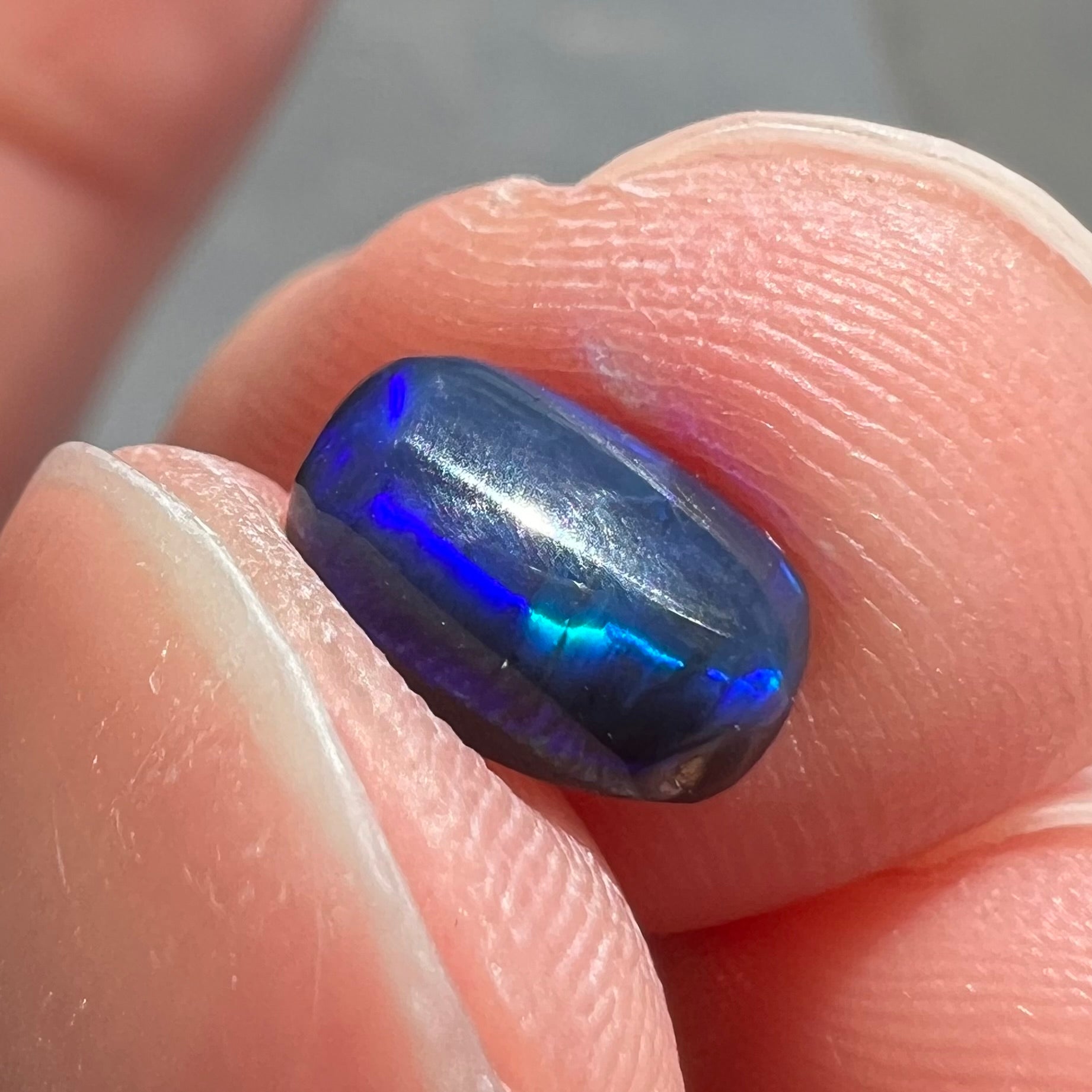 A loose black opal from Lightning Ridge, Australia.  The opal displays a blue cat's eye pattern.