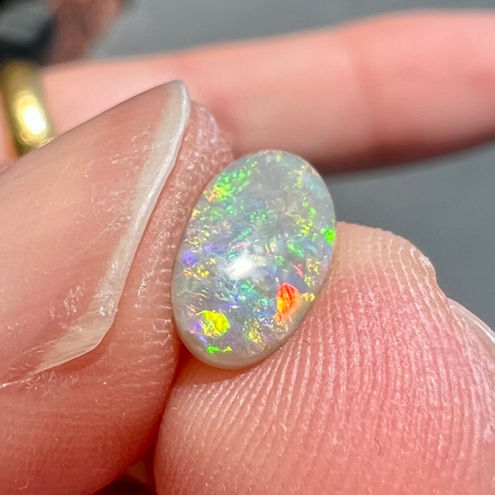 A loose, oval cabochon cut semi-black opal stone from Lightning Ridge, Australia.
