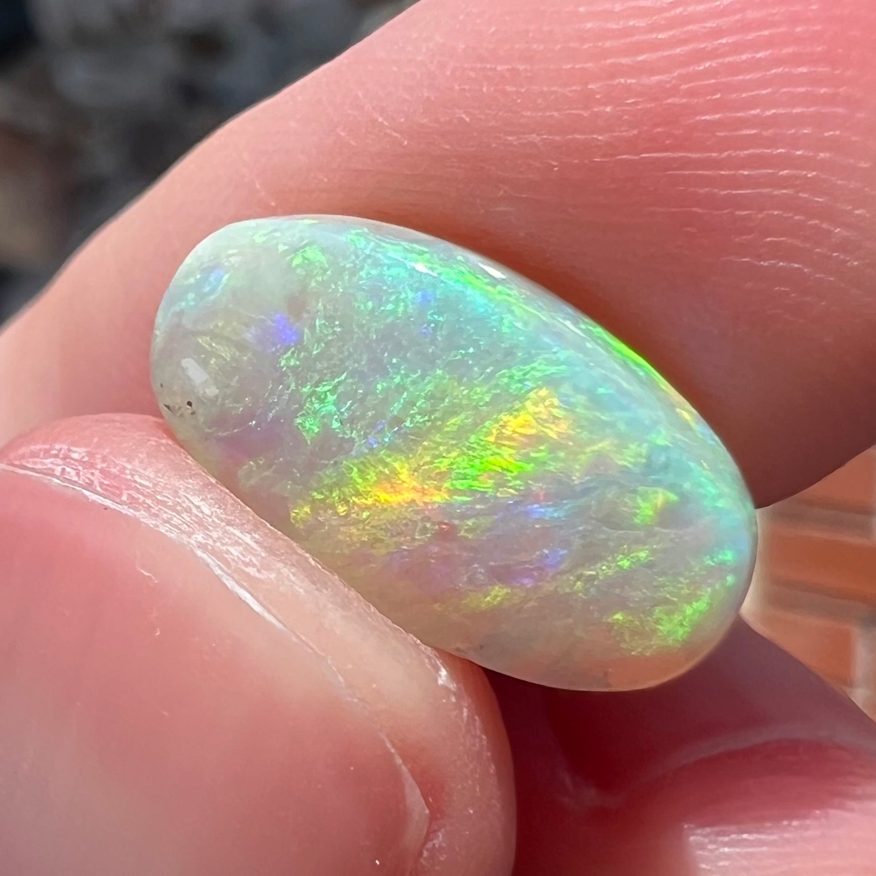 A loose, Lightning Ridge light crystal opal.  The opal is predominantly green.