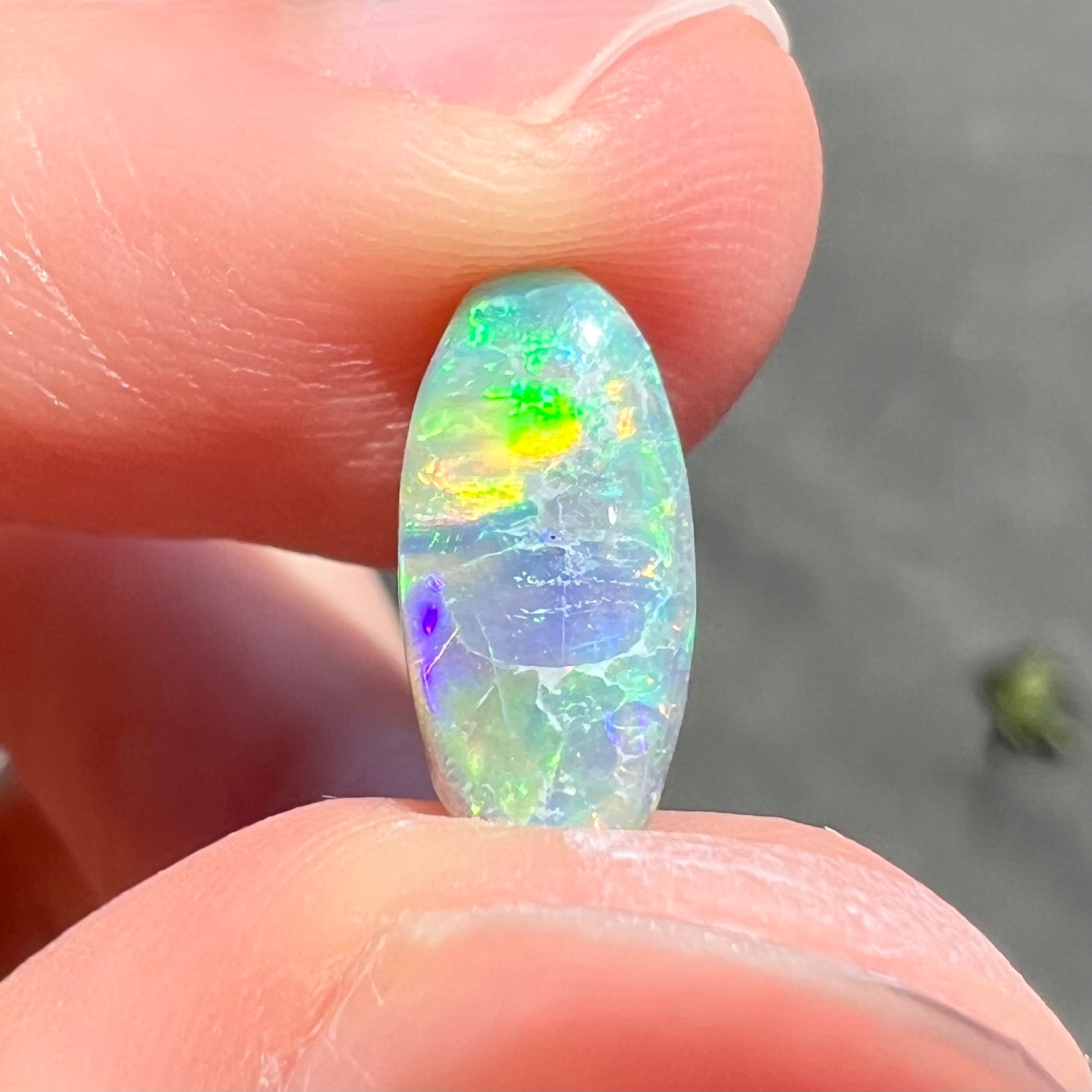 A loose, oval cabochon cut semi-black opal from Lightning Ridge, Australia.  The opal plays green and orange colors.
