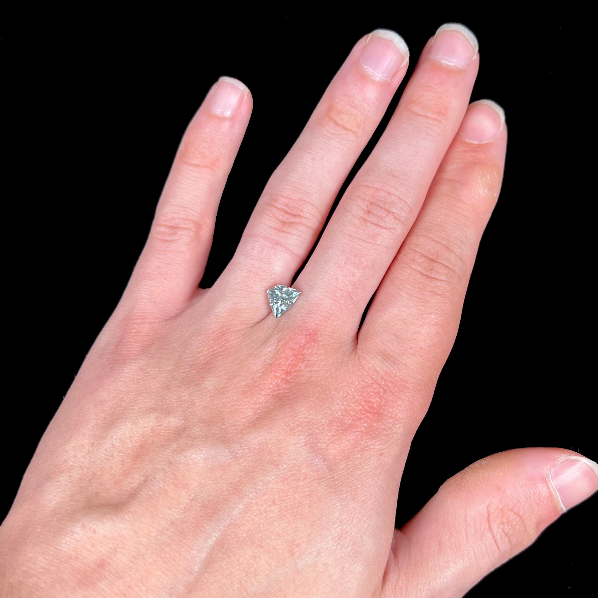 A loose, freeform shield cut tourmaline gemstone.  The stone is a steel blue color.