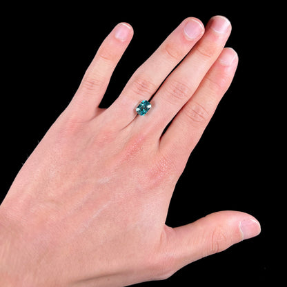 A loose, modified emerald cut blue zircon gemstone.  The stone has a large belly.