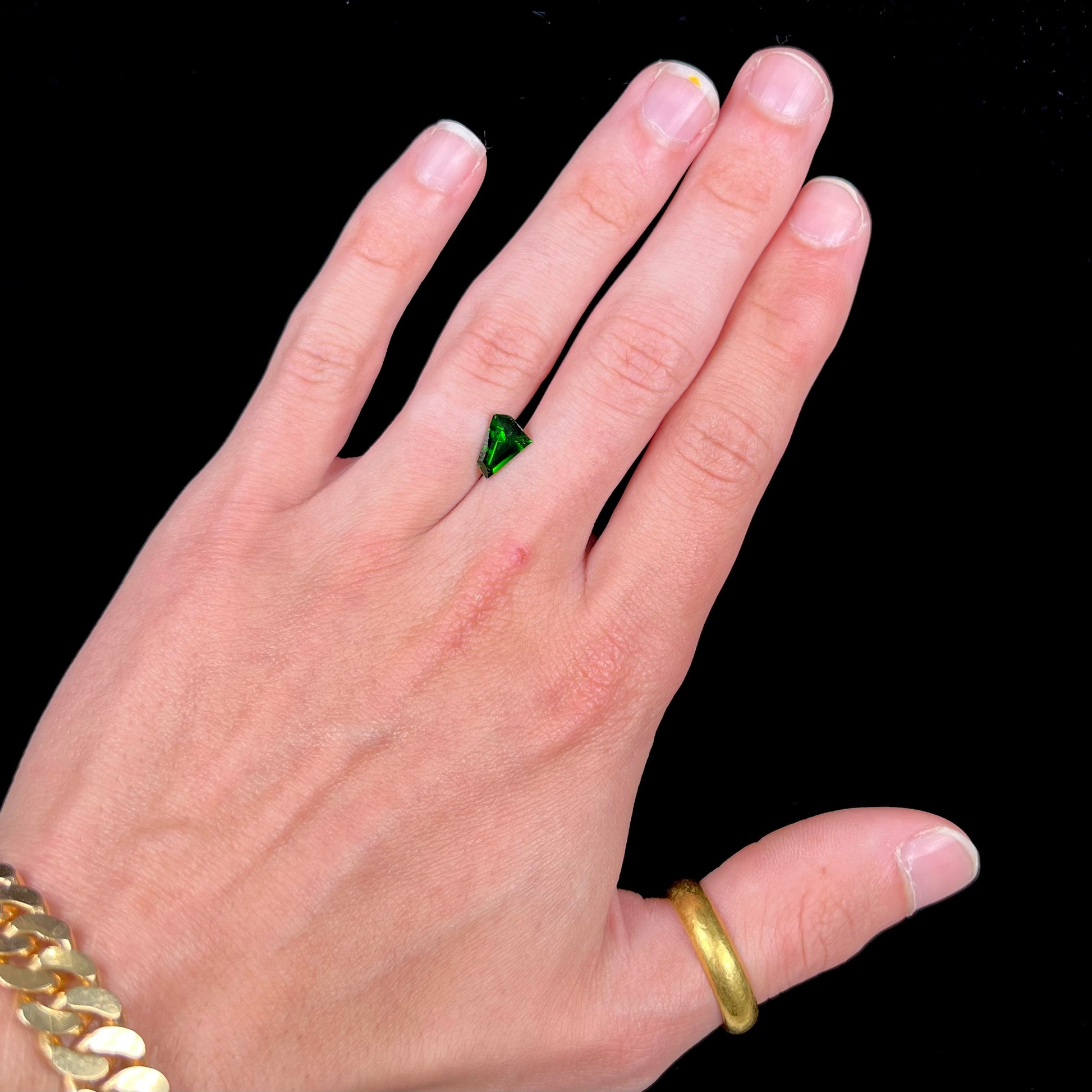 A freeform shield cut chrome diopside gemstone.