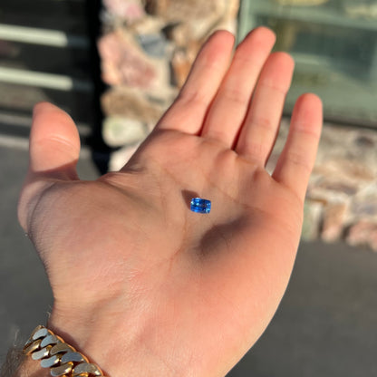 A loose, blue kyanite gemstone.  The stone is a faceted cushion cut.