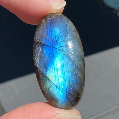 A loose, oval cabochon cut labradorite feldspar stone.  The labradorite has blue labradorescence.