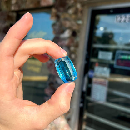 A large, loose Swiss blue topaz gemstone.