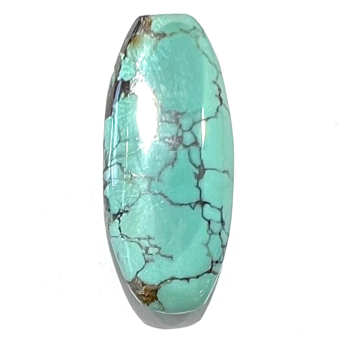 A loose, barrel cabochon cut Courtland-Gleeson turquoise stone.  The stone is greenish blue with black and brown matrix.