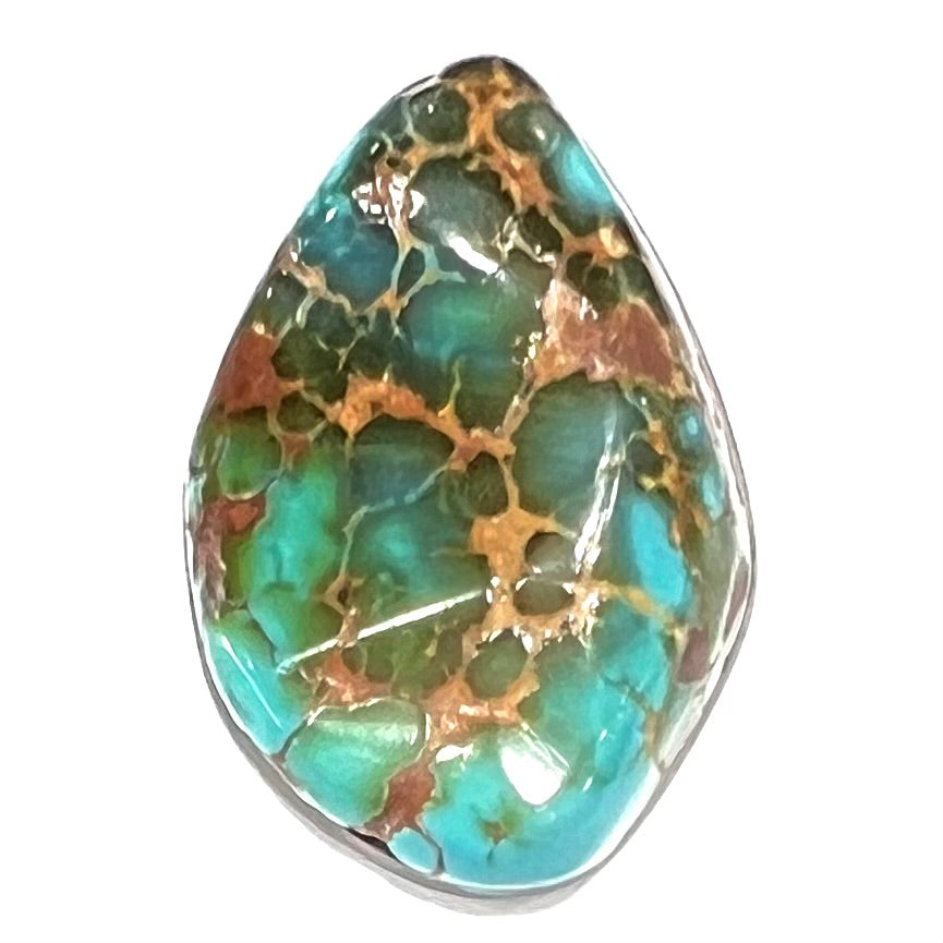 A polished golden spiderweb turquoise cabochon from Manassa, Colorado.