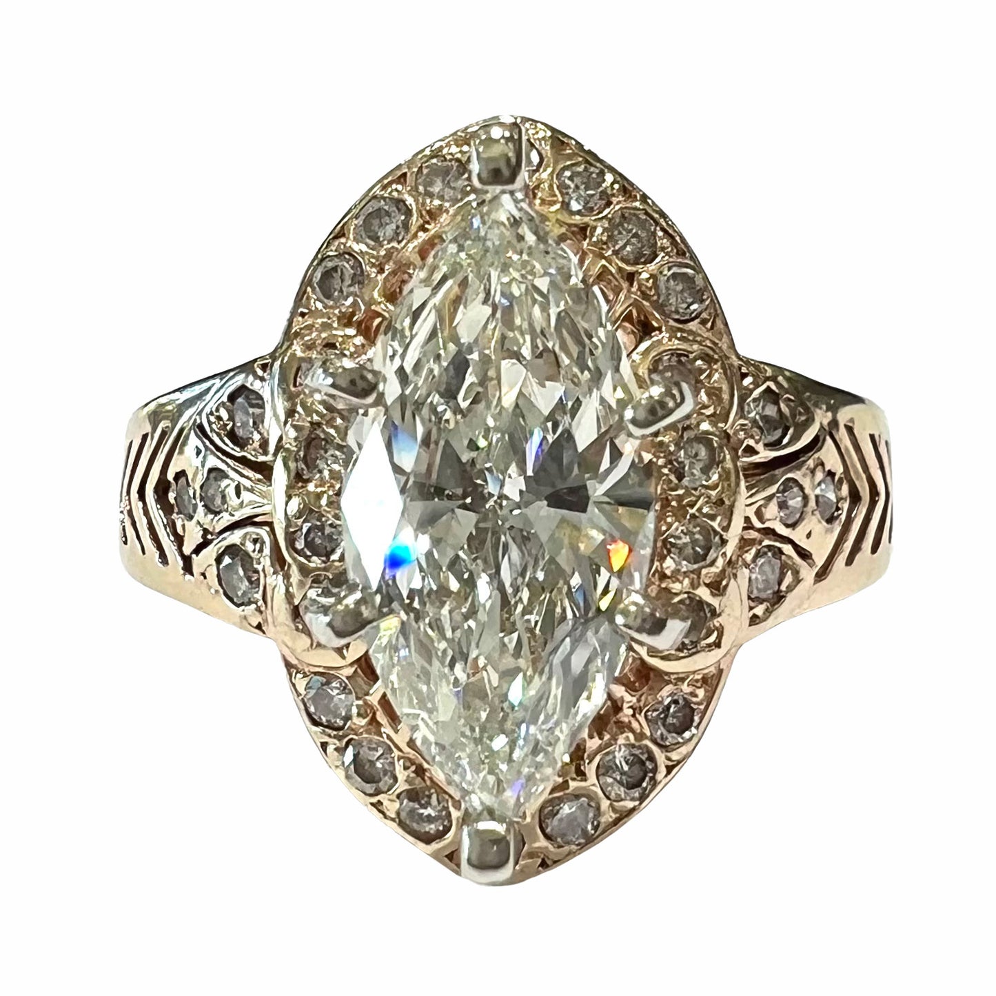 A ladies' yellow gold engagement ring set with a 1.54ct marquise cut natural diamond with round diamond accents.