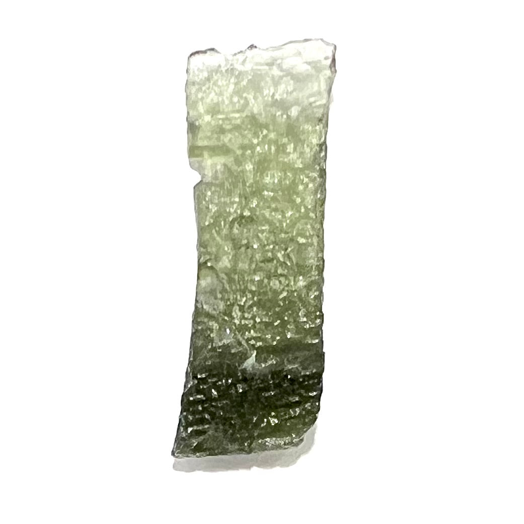 A natural, rough moldavite crystal.  The stone is shaped like the Nike Swoosh logo.