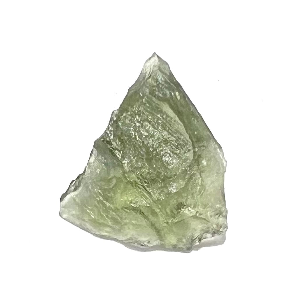 A natural, rough moldavite crystal.  The stone is green color and transluscent.