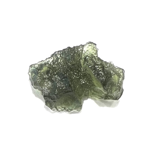 A natural, rough moldavite crystal.  The stone is green color and transluscent.