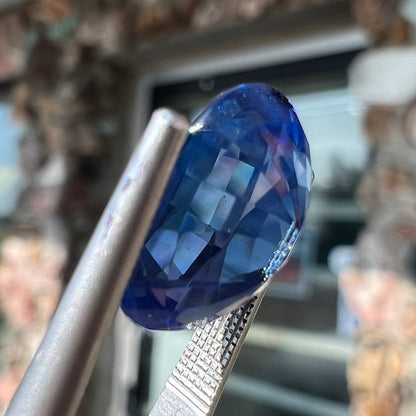 A 4.80 carat oval cut blue sapphire stone.  The stone is natural and has been heated to enhance its blue color.