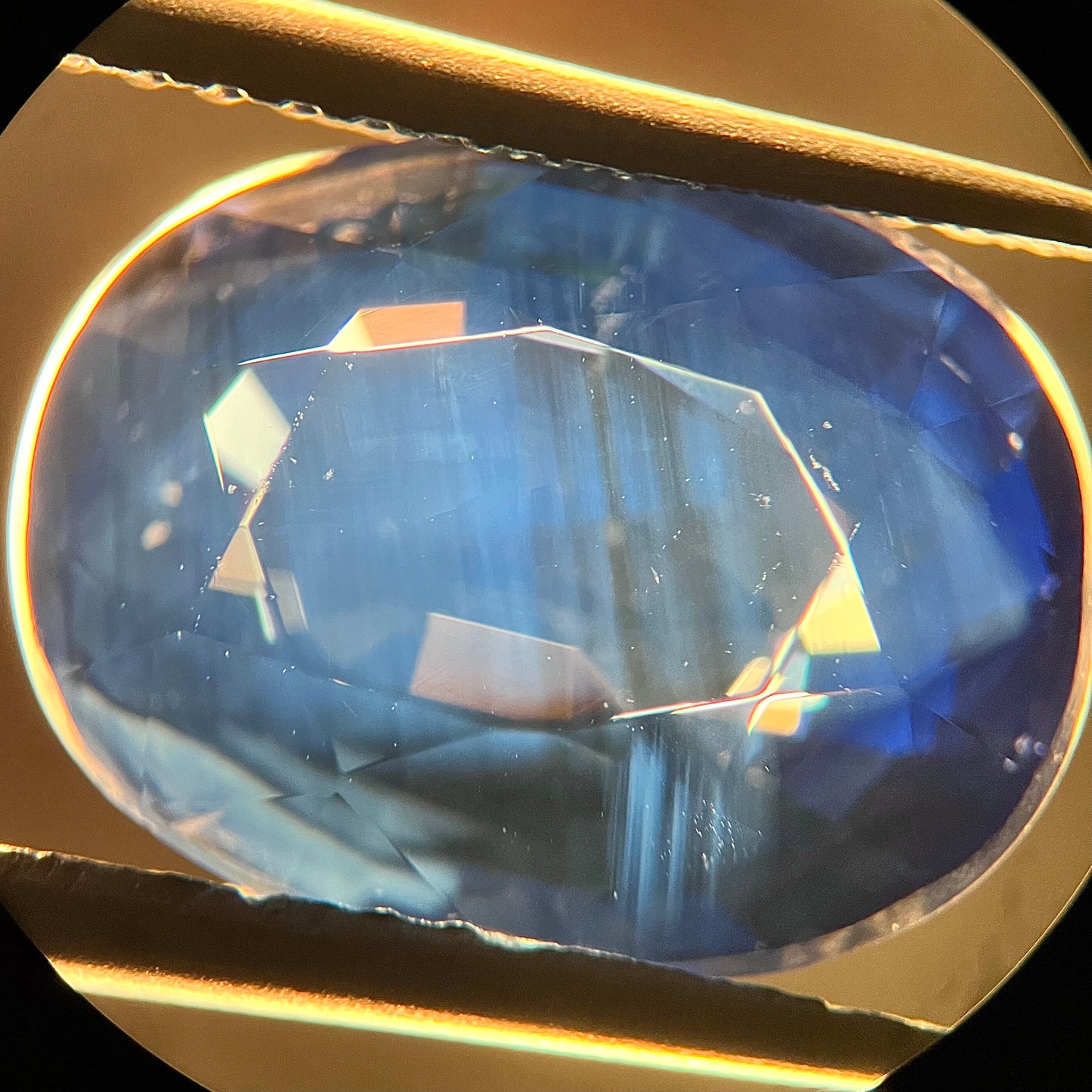 A natural blue sapphire under 18x magnification exhibiting color zoning and rutile needle inclusions.