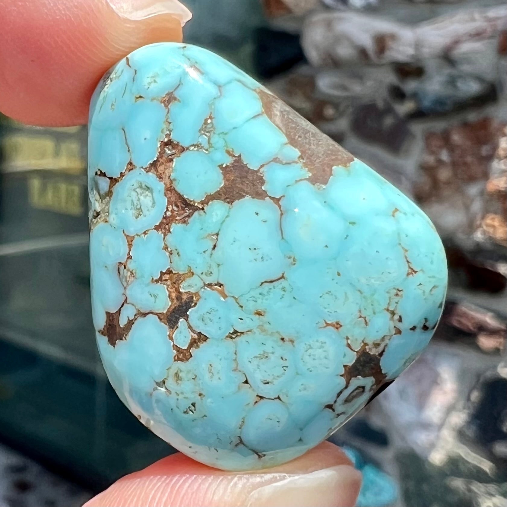 A loose, triangular drop shape Dry Creek turquoise stone.