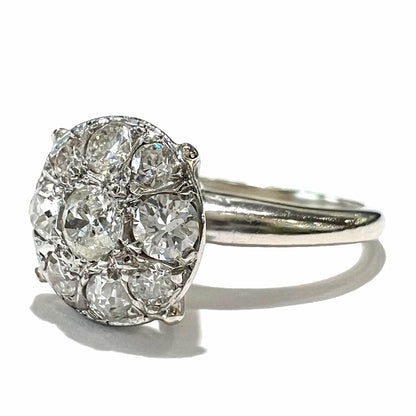 Edwardian Euro Cut Diamond Cluster Ring in 14kt White Gold, c.1910's