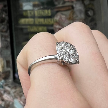Edwardian Euro Cut Diamond Cluster Ring in 14kt White Gold, c.1910's