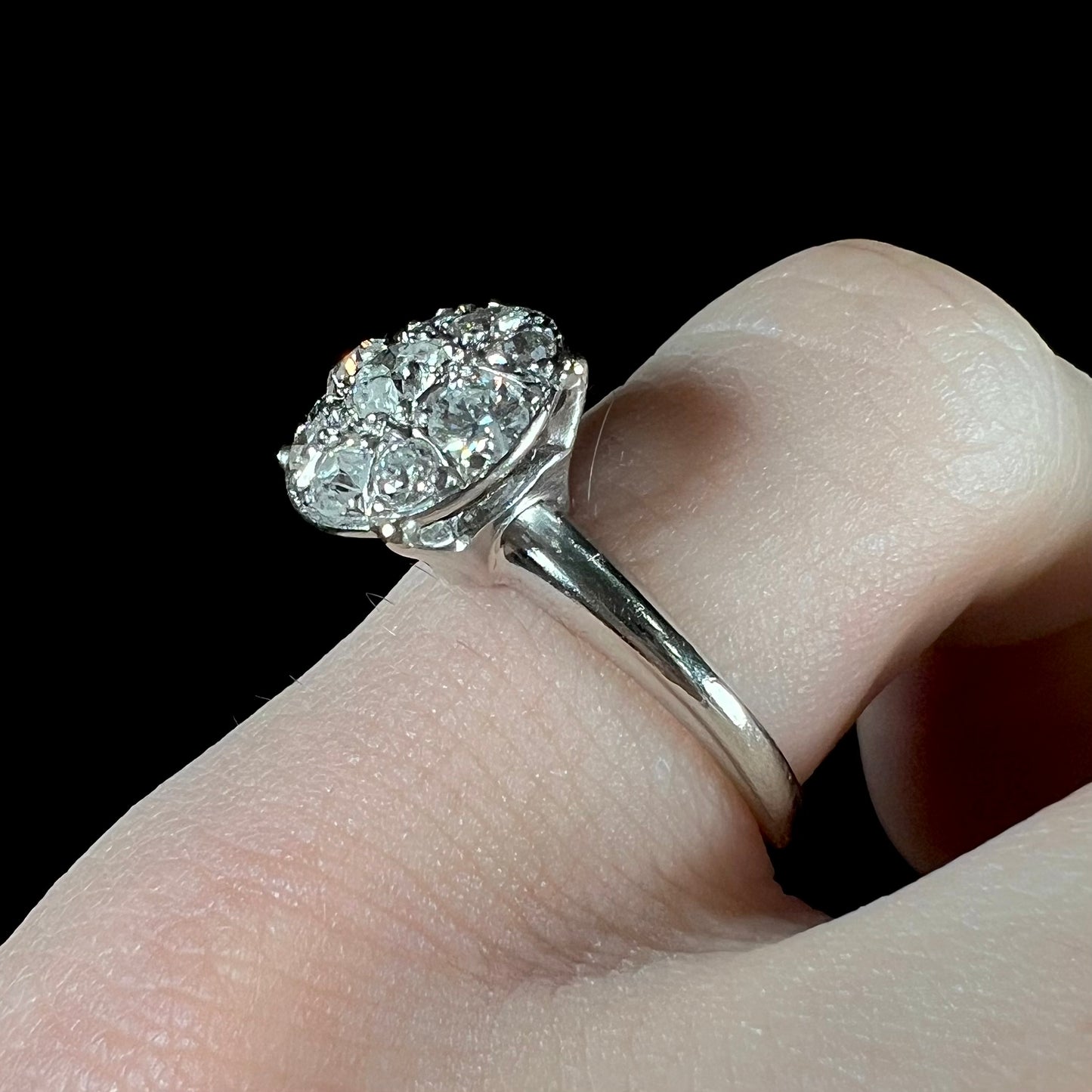 Edwardian Euro Cut Diamond Cluster Ring in 14kt White Gold, c.1910's