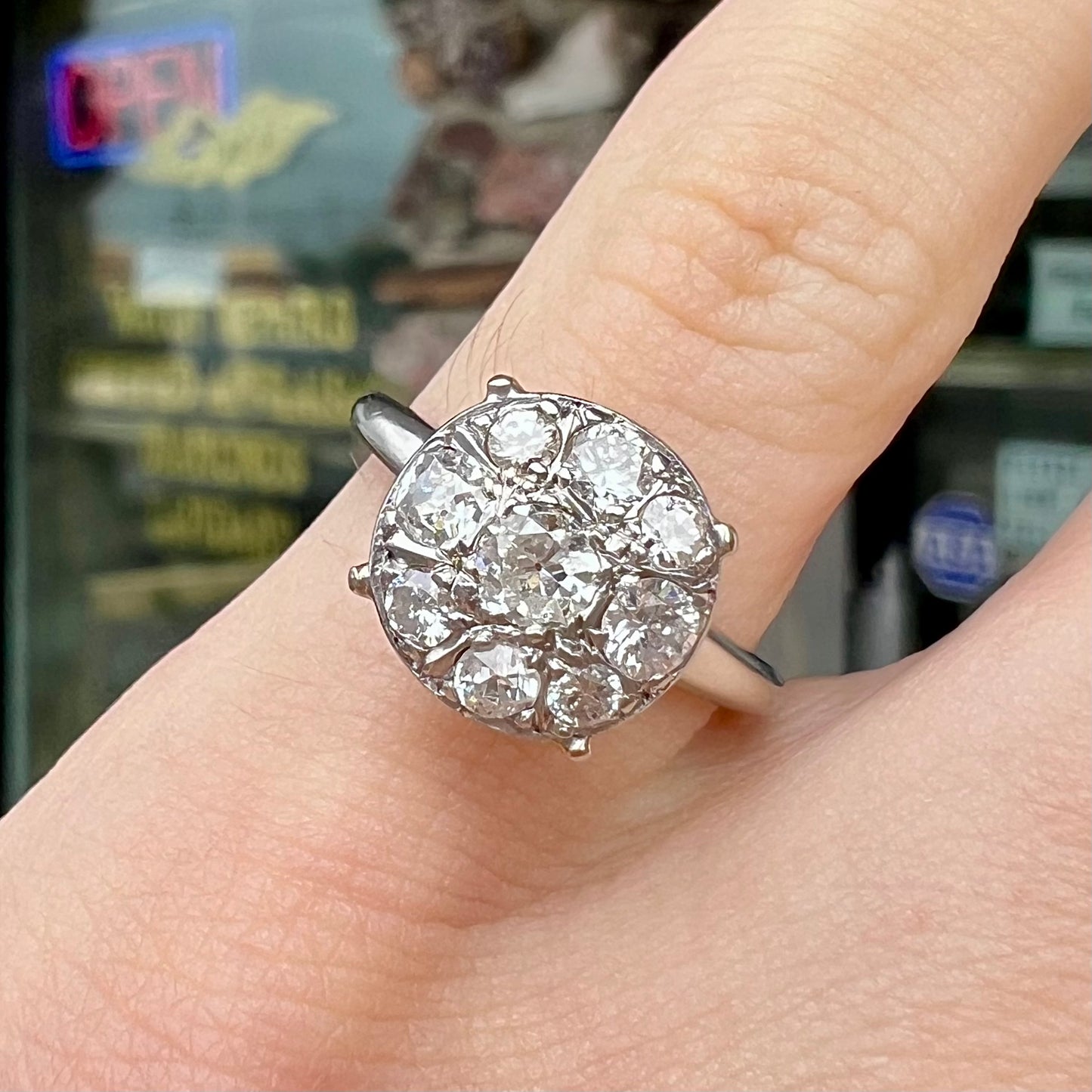 Edwardian Euro Cut Diamond Cluster Ring in 14kt White Gold, c.1910's