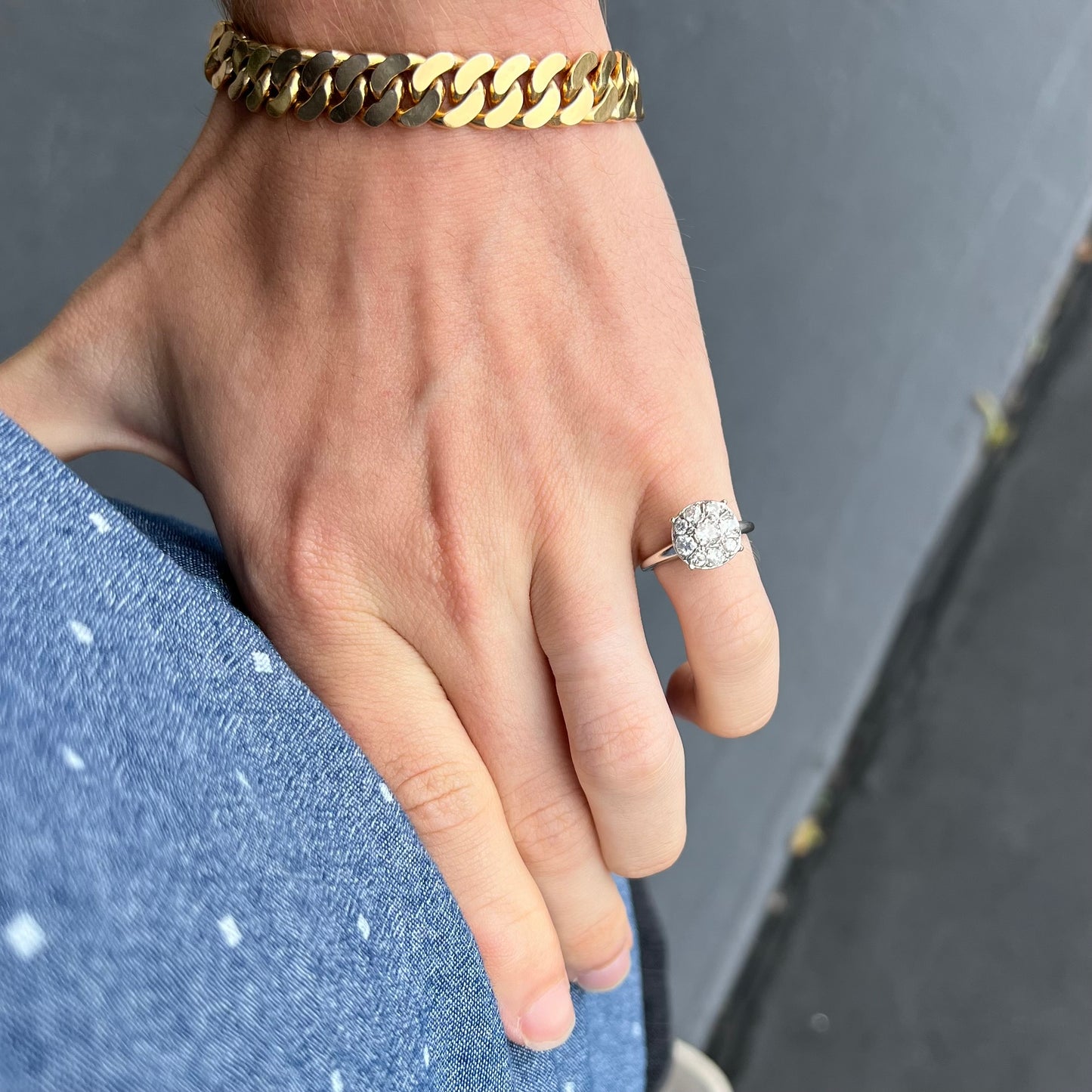 Edwardian Euro Cut Diamond Cluster Ring in 14kt White Gold, c.1910's