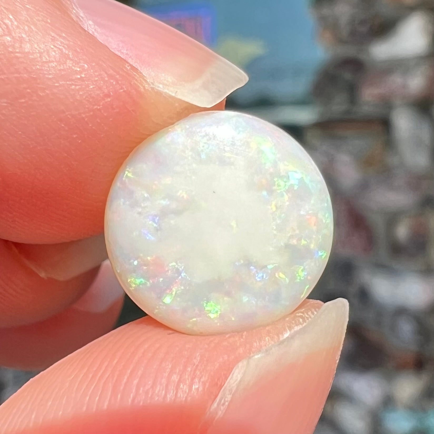 A loose, round cabochon cut white opal from Coober Pedy, Australia.  The opal has green fire.
