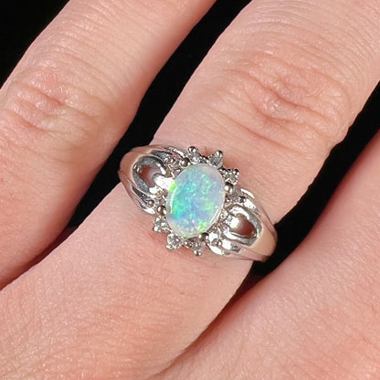 Marianne | Estate Crystal Opal & Diamond Ring in 14kt White Gold