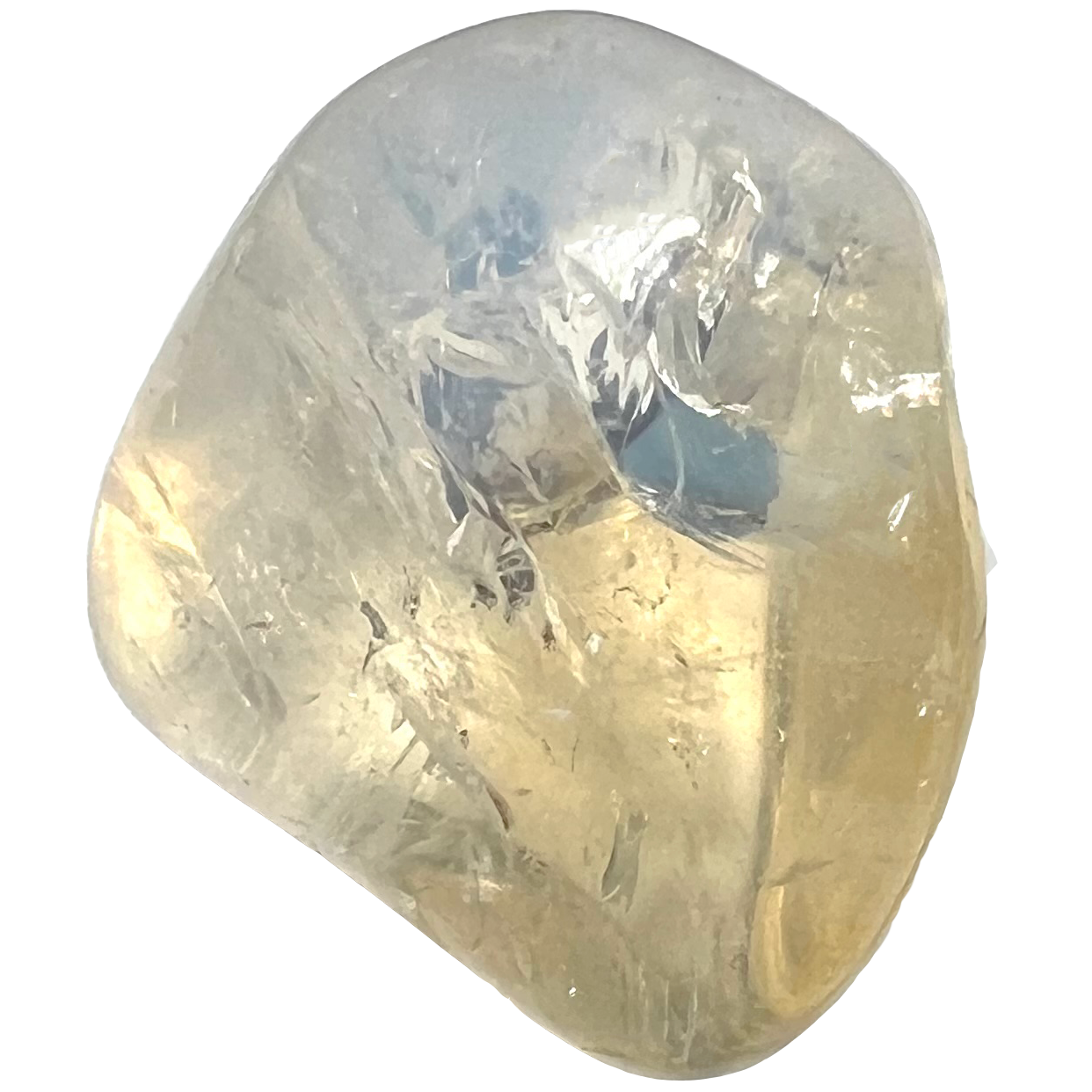 A tumbled piece of opalized glass stone.  The stone is yellow with a pearlescent bluish white sheen.