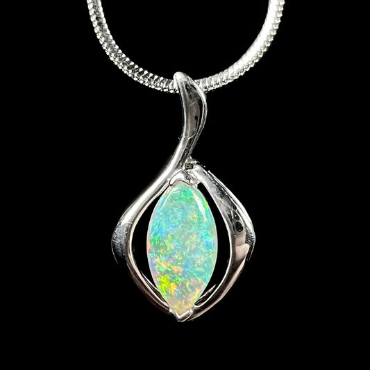 A ladies' marquise cabochon cut natural white crystal opal necklace in sterling silver.